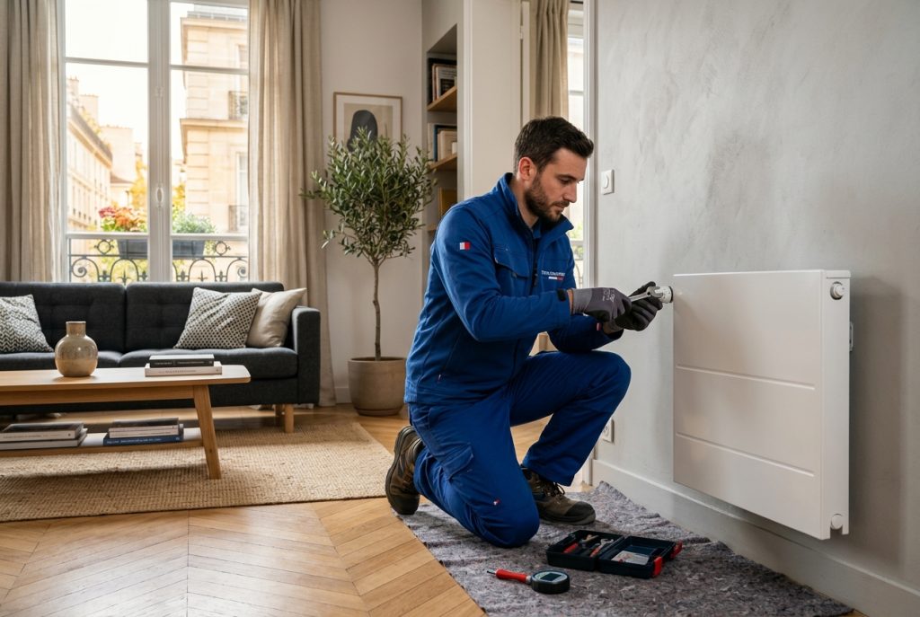 Chauffagiste EPPC Services 56 installant un radiateur à Vannes